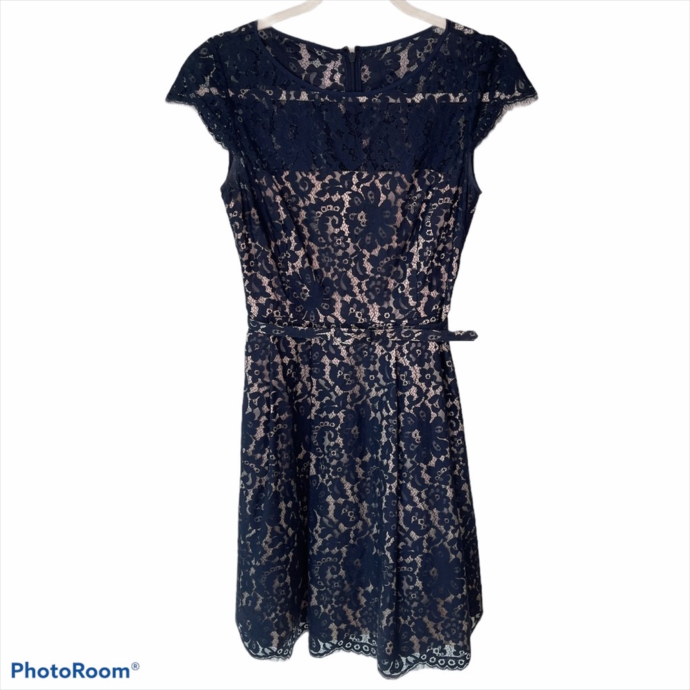 Eliza J Blue Lace Dress w/ belted waist, pockets, cap sleeves